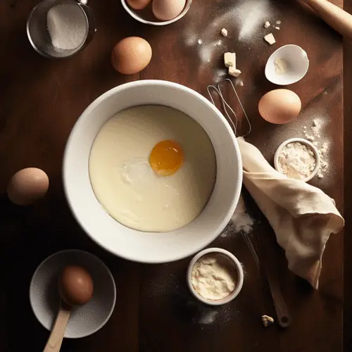 a bowl filled with egg, milk and flour