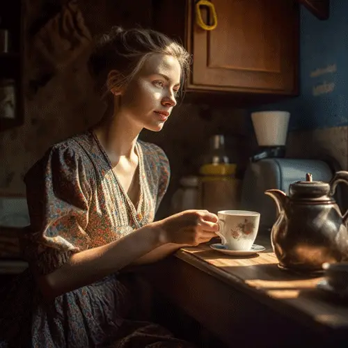 A woman in the morning enjoying a cup of tea