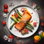 low carb grilled salmon on asparagus and grilled tomatoes