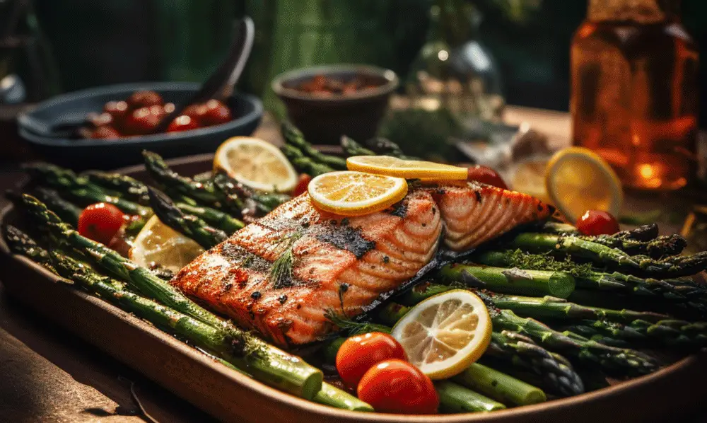 low carb grilled salmon on a plank with asparagus and roast tomatoes