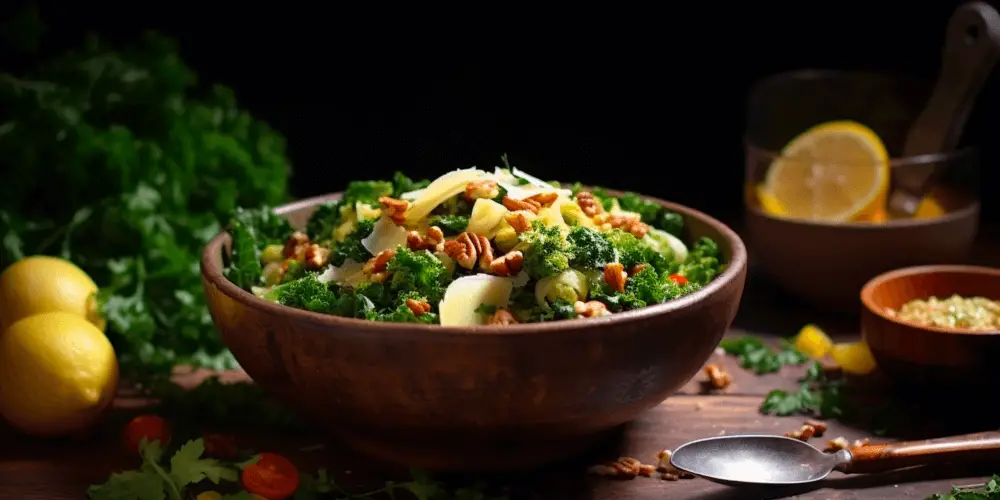 kale salad in a bowl with Sundried tomato dressing