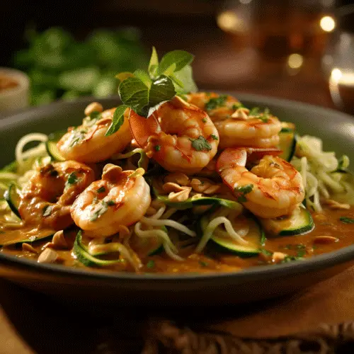 keto shrimp in peanut sauce with zucchini noodles