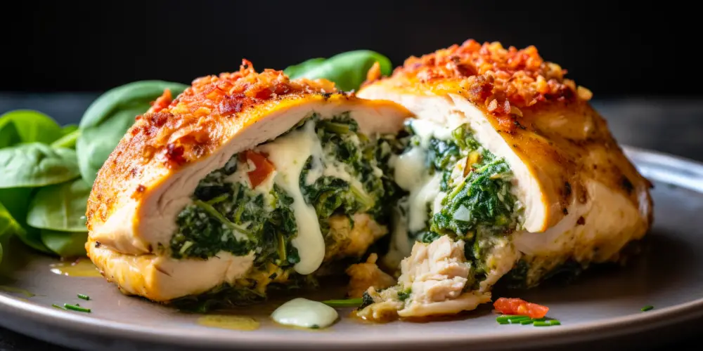 cheap keto meals spinach stuffed chicken breasts on a plate