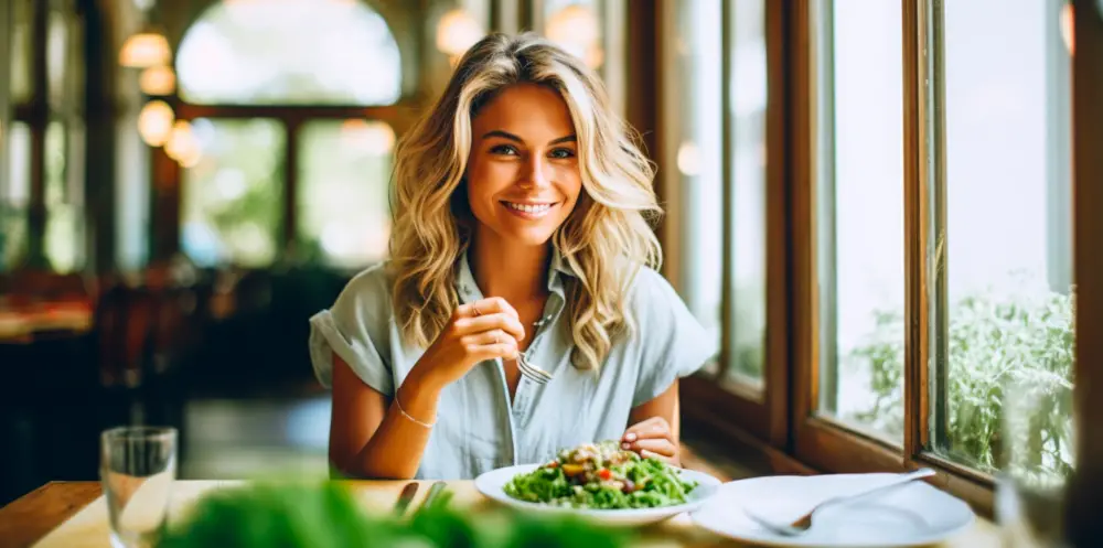 woman enjoying salad with sundried tomato dressing in restaurant