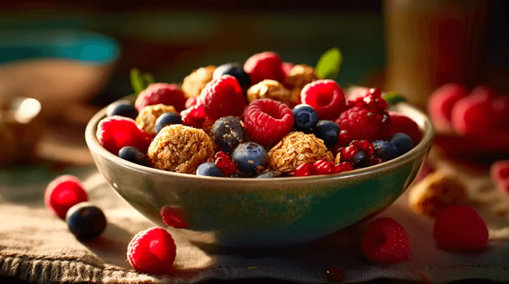 granola cluster recipe in a bowl with fruit