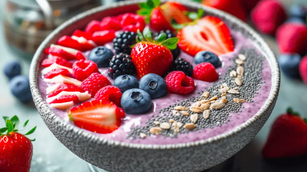 a pitaya bowl with fruit and nuts