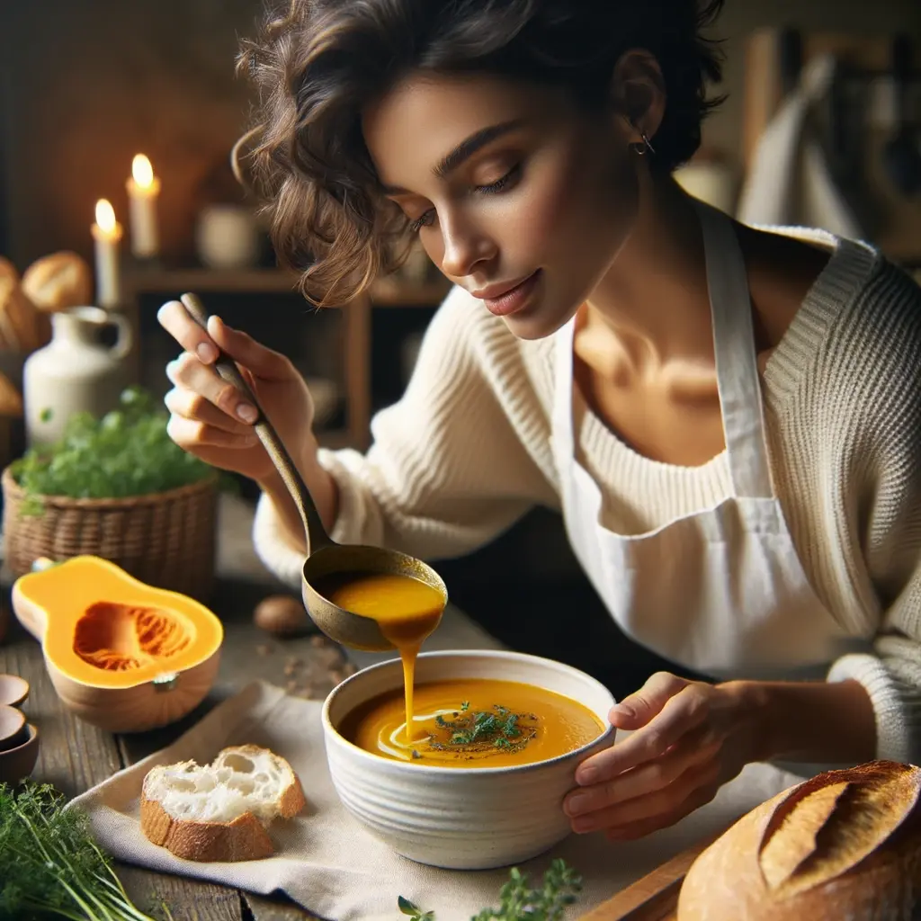 woman Serving butternut squash soup